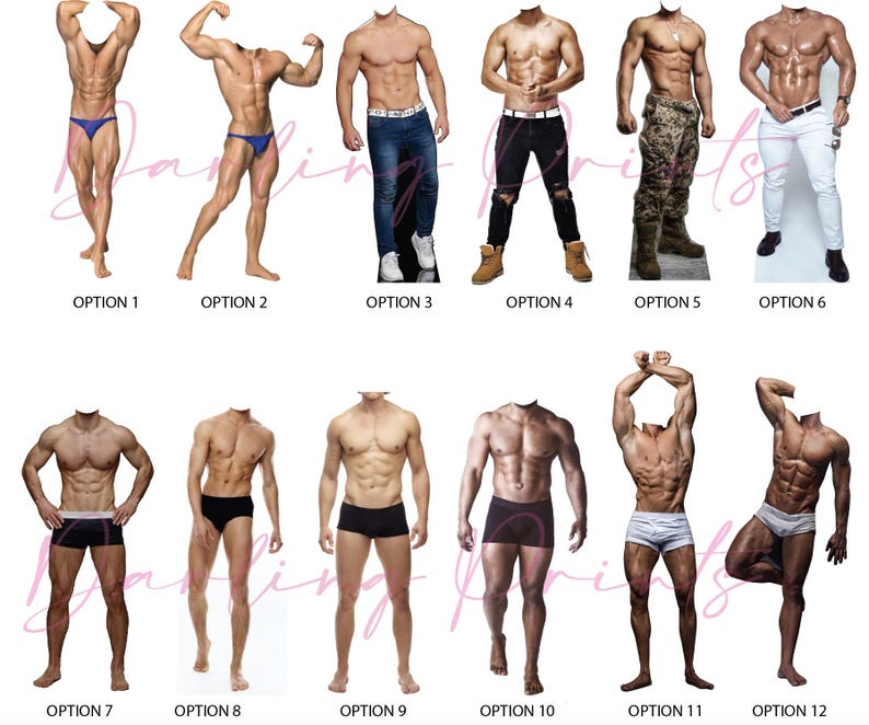 May include: Twelve different cutout images of shirtless muscular men in various poses. Each image has a white background and the option number is listed below each image.