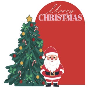 May include: A festive illustration featuring a decorated Christmas tree with ornaments, bows, and candy canes. Santa Claus stands beside the tree. The words "Merry CHRISTMAS" are written in a decorative font on a red background.