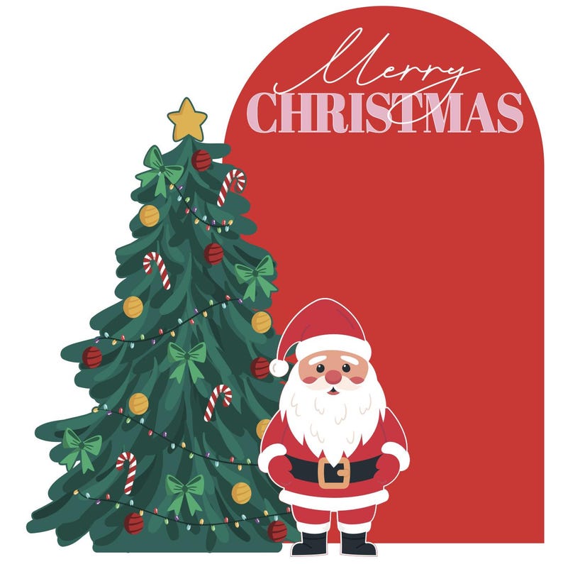 May include: A festive illustration featuring a decorated Christmas tree with ornaments, bows, and candy canes. Santa Claus stands beside the tree. The words "Merry CHRISTMAS" are written in a decorative font on a red background.