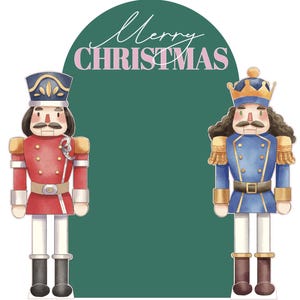 May include: Watercolor illustration of two toy nutcracker soldiers. One is in a red uniform, the other in blue. The background is a green arch with the words "Merry CHRISTMAS" in white and pink script.