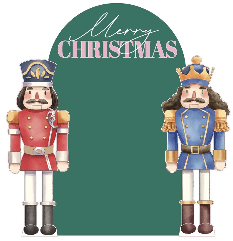 May include: Watercolor illustration of two toy nutcracker soldiers. One is in a red uniform, the other in blue. The background is a green arch with the words "Merry CHRISTMAS" in white and pink script.