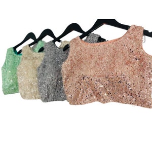 Sequined Saree Blouse lightweight with soft fur Perfect for parties, with lehengas, dhotis, sarees, pastel shades