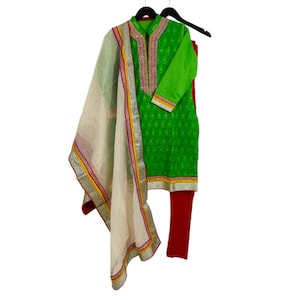 Cotton Churidar Suit in Block Printed Pattern with  Zari Lace Border & Kota Style Dupatta. Party/Festive/Wedding Wear