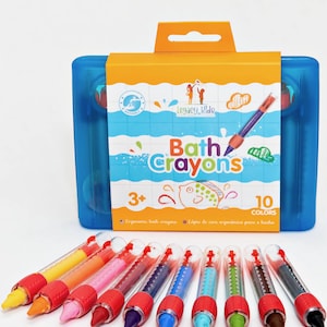 May include: A set of 10 bath crayons in a blue and orange box. The crayons are clear with red caps and contain different colored wax inside. The box says "Bath Crayons" and "10 Colors".