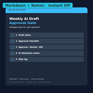 May include: A dark blue digital template titled Weekly AI Draft Approval Gate for solo operators. It lists five numbered items: 1 Draft inbox, 2 Approval checklist, 3 Approve / Revise / Kill, 4 AI disclosure notes, and 5 Ship log, with checkboxes.