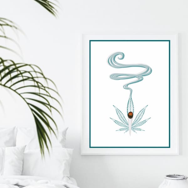 Joint and Leaf Minimalist Wall Decor, Cannabis Wall Art Print, Turquoise Wall Art, Pastel Design, Stoner Gift, Man Cave Art INSTANT DOWNLOAD