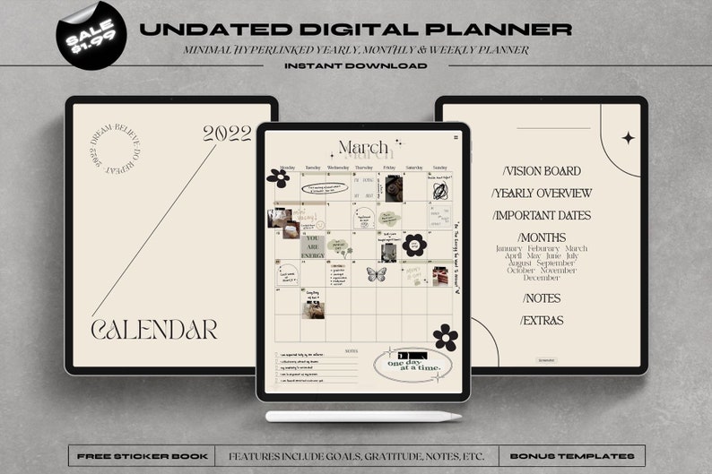UNDATED Minimalistic Neutral Digital Planner, GoodNotes Planner, Digital Planner Portrait, Notability Planner, Digital Planner Stickers 