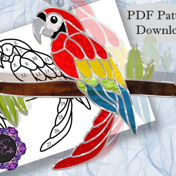 Modèle de vitrail- Perroquet- Oiseau- Nature- Animaux- Modèle PDF- Téléchargement numérique