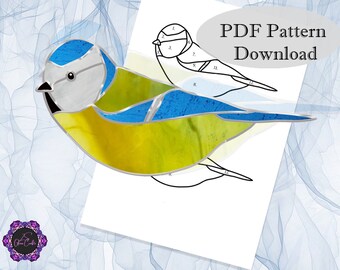 May include: A stained glass pattern of a bluebird with yellow, blue, and white glass pieces. The pattern is numbered for easy assembly. The image includes the text "PDF Pattern Download".
