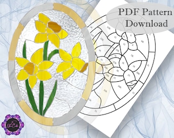 PATTERN- Oval Daffodil Stained Glass Pattern- PDF- Digital Download- Daffodils- Glass Panel- Suncatcher