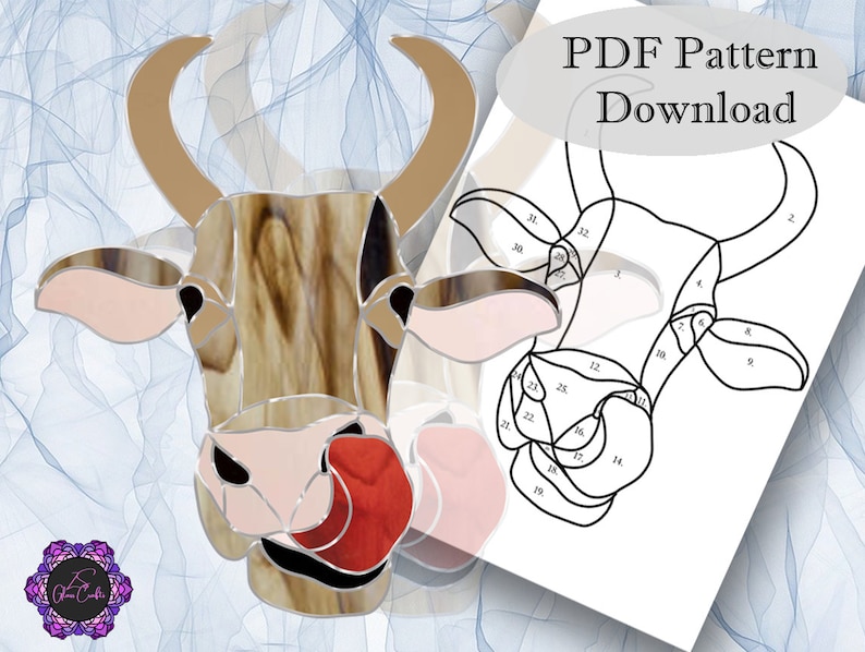 May include: A stained glass pattern of a cow with a red tongue sticking out. The pattern is numbered for easy assembly. The image includes the text "PDF Pattern Download".