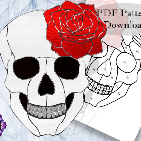 Stained Glass Pattern- Skull Rose- PDF- Digital Download- PDF Pattern- Suncatcher