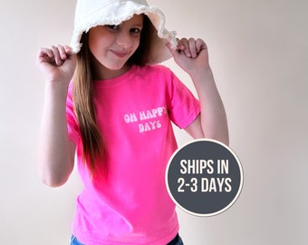 Oh Happy Days Neon Pink T Shirt For Kids, Smiley Face Shirt, Back Design, Travel Beach Vacation Shirt, Gift for Kids, Retro Kids Shirt