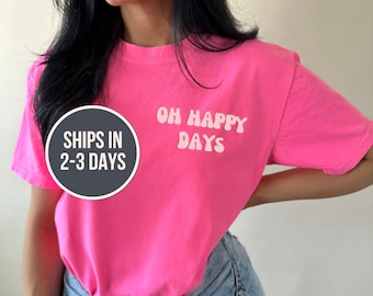 Oh Happy Days Tee With Back Design, Smiley Face Tee, Trendy Graphic Tee, Smiley Face Checkerboard Tee, Oversized Tees, Comfort Colors Tee