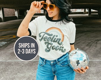 Feelin Good Ringer Tee, Retro Disco Shirt, Vintage Inspired Graphic Tee, Summer Shirts, Spring Break Shirt, Trendy Shirts, Gift for Her