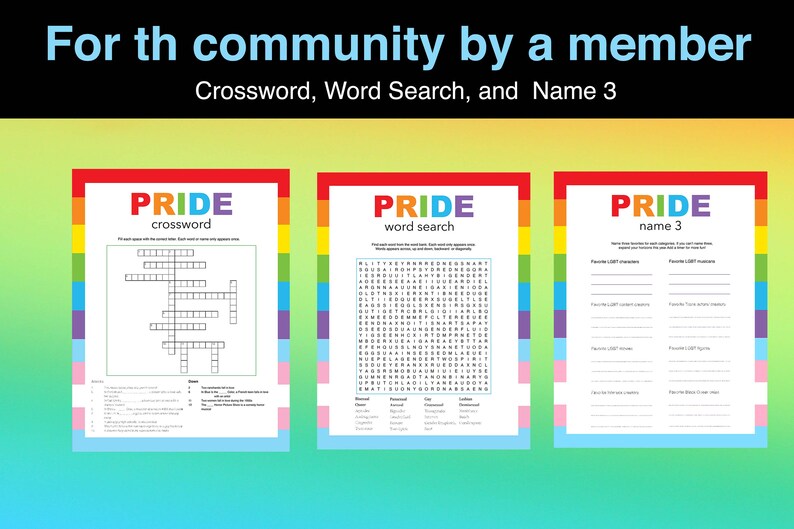 PRIDE Games Word Search, Crossword, and Categories Etsy