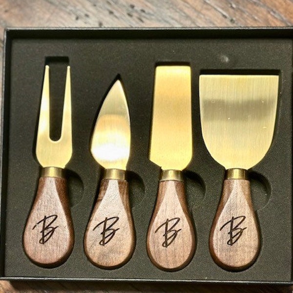 Elegant Gold 4 pc. Cheese Knife Set - Charcuterie knives, Spreaders. Ideal for Housewarming, Holidays, Weddings, Special Occasions.
