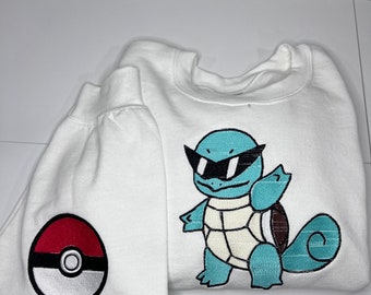 Squirtle Wave Pokémon Anime Vintage Embroidery Crewneck Sweatshirt, Embroidered