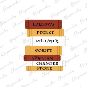 May include: A stack of six books with the titles "Hallows", "Prince", "Phoenix", "Goblet", "Azkaban", "Chamber", and "Stone". The books are in shades of red, orange, and yellow.