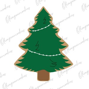 Op de afbeelding: Een groene kerstboomkoekjesvormer met een bruine stam en witte lichtslingers.