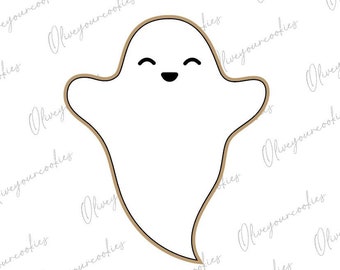 May include: A white ghost cookie cutter with a smiling face. The cutter is outlined in brown.