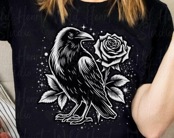 Raven and Rose Blackbird Shirt | Edgar Allan Poe Tshirt Dark Cottagecore Gothic Clothes Goblincore Goth Black Bird Nevermore Raven Shirt