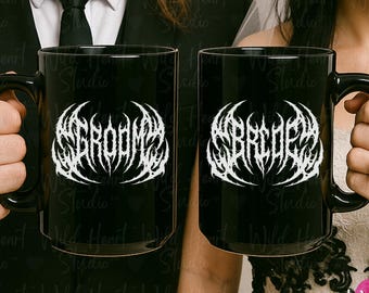 Heavy Metal Bride and Groom Ceramic Mugs | Alternative Goth Wedding Gift, Newlywed Metalhead Couple Coffee Cups