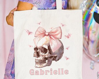 Bolso de mano personalizado con calavera oscura y coqueta, bolso de mano gótico suave, bolso de mano preppy rosa espeluznante para dama de honor, bolso de regalo de Halloween con balletcore, recuerdo de fiesta
