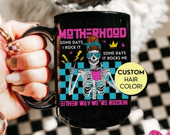 CUSTOM Pop Punk Rockin Motherhood Mug | Elder Emo Mug Mom Skeleton Coffee Cup Y2K Scene Rocker Mama Alternative Mug First Time Mom Gift