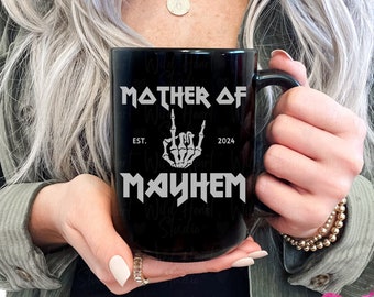 CUSTOM Mother of Mayhem Alt Rocker Mama Mug | Punk Rock Heavy Metal Goth Mom Personalized Coffee Cup Deathcore Elder Emo Expecting Mom Gift