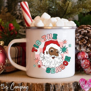 Tis The Season Retro Black Santa Hot Chocolate Mug | Vintage Melanin Christmas Coffee Lover Gift Enamel Mug Kids Hot Cocoa Holiday Cup