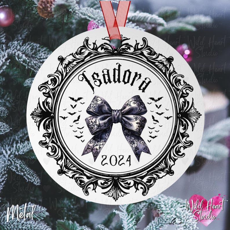 CUSTOM Dark Coquette Goth Baby Name Ornament Heavy Metal Rocker Ceramic Christmas Ornament Gothic Name Gift Punk Baby Girl First Christmas Ornament Witchy Gothic Gift Merry Creepmas Spooky Bachelorette Gift Alt Punk Baby Girl Wild Heart Studio TX