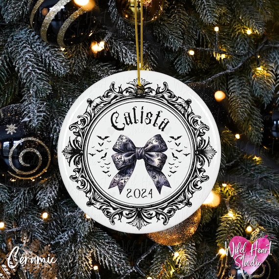 CUSTOM Dark Coquette Goth Baby Name Ornament | Heavy Metal Rocker Ceramic Christmas Ornament Gothic Name Gift Punk Baby Girl First Christmas