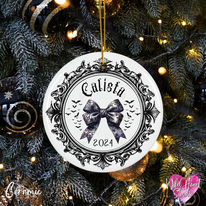 CUSTOM Dark Coquette Goth Baby Name Ornament Heavy Metal Rocker Ceramic Christmas Ornament Gothic Name Gift Punk Baby Girl First Christmas Ornament Witchy Gothic Gift Merry Creepmas Spooky Bachelorette Gift Alt Punk Baby Girl Wild Heart Studio TX