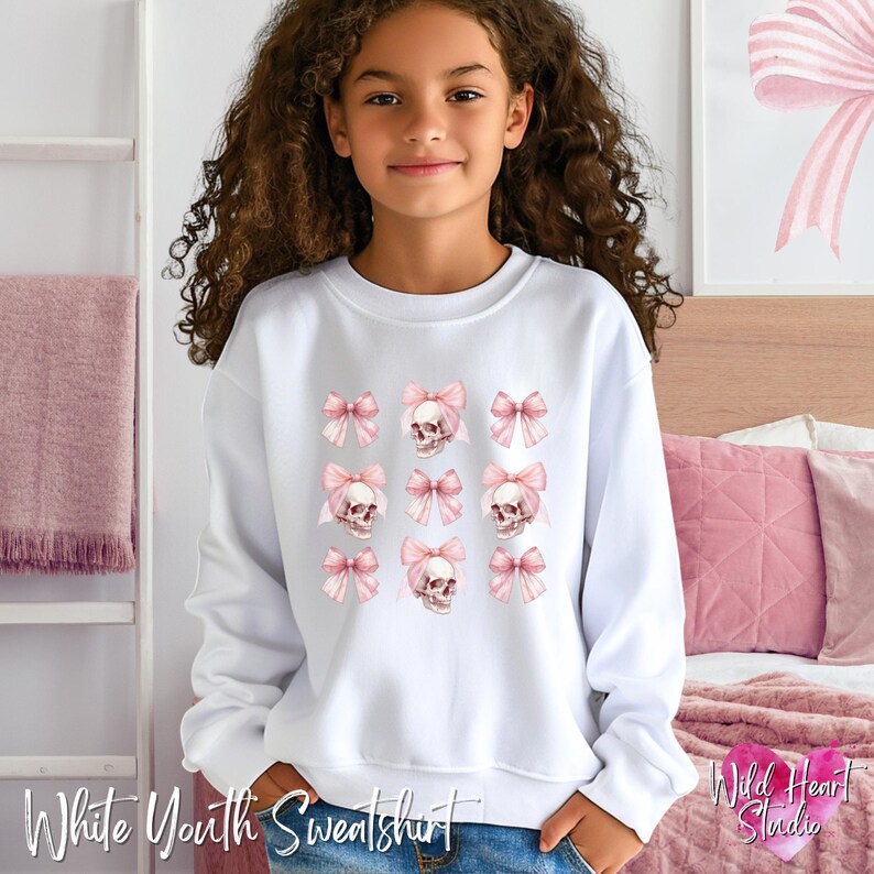 Dark Coquette Skull with Bow Crewneck Sweatshirt Pink Preppy Halloween Coquette Hoodie Soft Gothic Clothes Balletcore Aesthetic Pastel Goth Sweater Plus Size Halloween Kids Emo Valentine Skull Hoodie Trendy Spooky Season Outfit Wild Heart Studio TX