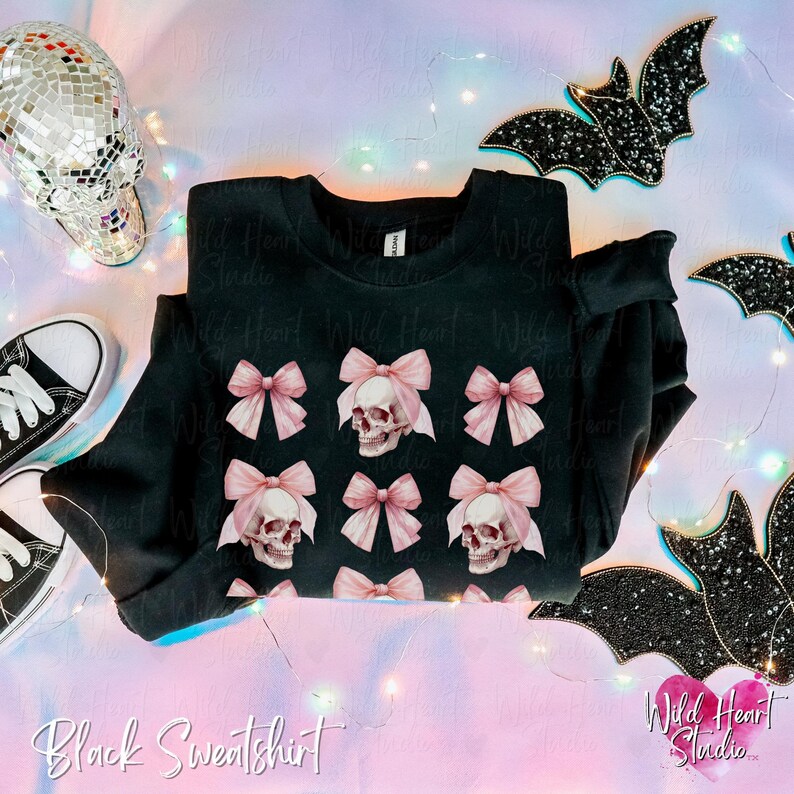 Dark Coquette Skull with Bow Crewneck Sweatshirt Pink Preppy Halloween Coquette Hoodie Soft Gothic Clothes Balletcore Aesthetic Pastel Goth Sweater Plus Size Halloween Kids Emo Valentine Skull Hoodie Trendy Spooky Season Outfit Wild Heart Studio TX
