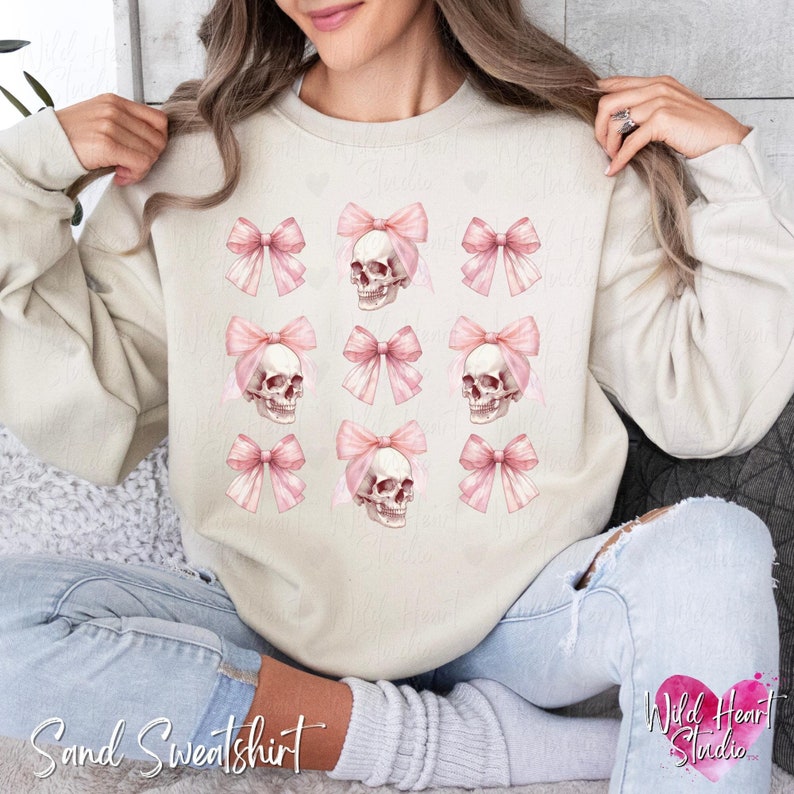 Dark Coquette Skull with Bow Crewneck Sweatshirt Pink Preppy Halloween Coquette Hoodie Soft Gothic Clothes Balletcore Aesthetic Pastel Goth Sweater Plus Size Halloween Kids Emo Valentine Skull Hoodie Trendy Spooky Season Outfit Wild Heart Studio TX