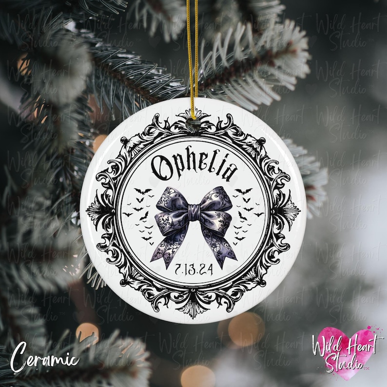 CUSTOM Dark Coquette Goth Baby Name Ornament Heavy Metal Rocker Ceramic Christmas Ornament Gothic Name Gift Punk Baby Girl First Christmas Ornament Witchy Gothic Gift Merry Creepmas Spooky Bachelorette Gift Alt Punk Baby Girl Wild Heart Studio TX