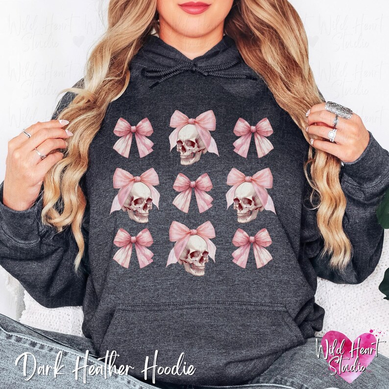 Dark Coquette Skull with Bow Crewneck Sweatshirt Pink Preppy Halloween Coquette Hoodie Soft Gothic Clothes Balletcore Aesthetic Pastel Goth Sweater Plus Size Halloween Kids Emo Valentine Skull Hoodie Trendy Spooky Season Outfit Wild Heart Studio TX