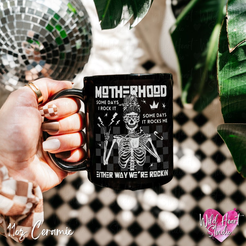 Either Way Were Rockin Motherhood Mug Elder Emo Mug Pop Punk Mama Skeleton Coffee Cup Postpartum First Time Mom Gift Alternative Gothic Mothers Day Mug When We Were Young Alt Rock and Roll Baby Shower Gift Edgy Tattooed Mom Gift Wild Heart Studio TX