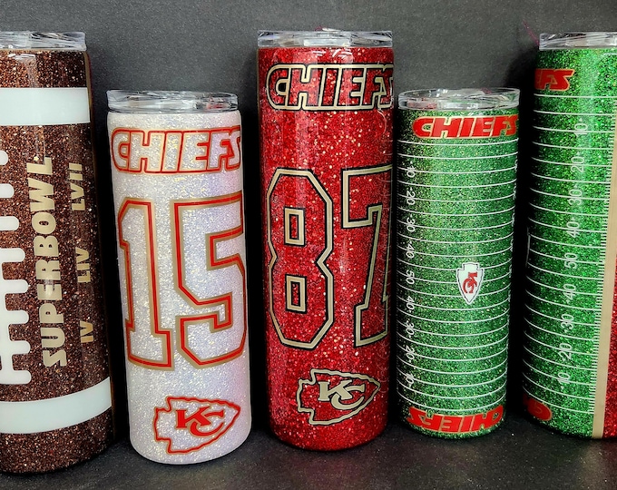 Featured listing image: Chiefs Glitter Tumbler | Any Jersey Number (0-99), home red or away white jersey with field or football on back