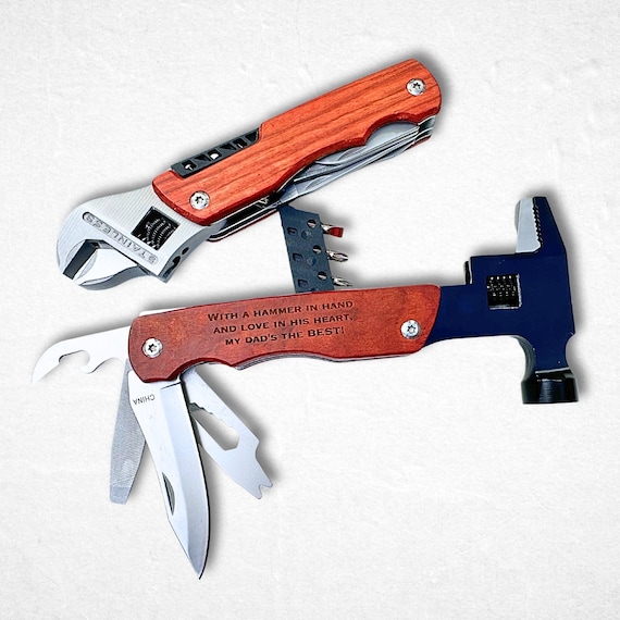 A fully functional mini hammer or wrench multitool with a hand-engraved wooden handle — actually useful AND a handsome keepsake a craftsman would be proud to carry.