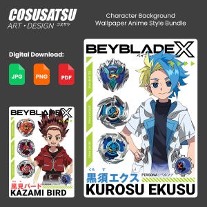 Puede incluir: Un paquete de descarga digital con fondos de personajes de estilo anime. La imagen incluye el texto "COSUSATSU ART DESIGN" y gráficos "BEYBLADE X". El paquete ofrece formatos JPG, PNG y PDF. Se muestran dos ilustraciones de personajes con el texto "KAZAMI BIRD" y "KUROSU EKUSU".