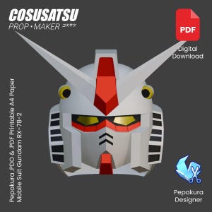 Può includere: Download digitale di una testa di Mobile Suit Gundam RX-78-2, progettata per il papercraft. La testa è bianca con accenti rossi e gialli, con prominenti V-fin e un volto dettagliato. L'immagine include il testo "COSUSATSU PROP MAKER" e "Download digitale".