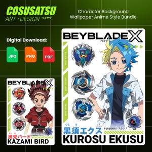 May include: A digital download bundle featuring two character posters for Beyblade X. One poster displays Kazami Bird with three red and silver spinning tops, while the other shows Kurosu Ekusu with three blue and silver spinning tops, all on white backgrounds.