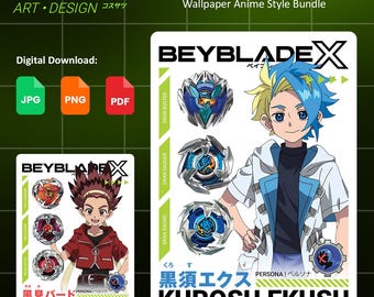 May include: A digital download bundle featuring Beyblade X character wallpapers. The graphic displays anime-style illustrations of Kazami Bird and Kurosu Ekusu alongside their respective spinning tops, with text labels including names and the Beyblade X logo.