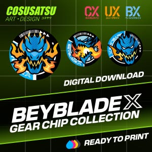 Può includere: Download digitale con tre disegni circolari con una creatura simile a un drago in blu, arancione e bianco. Il testo "BEYBLADE X GEAR CHIP COLLECTION" è visualizzato sotto, con "READY TO PRINT" in basso.