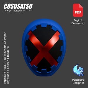 May include: A blue and black prop design with a red 'X' in the center. The design is for a digital download, and the text on the image says 'COSUSATSU PROP MAKER' and 'Pepakura Designer'.