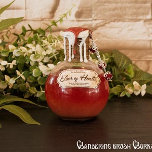 Könnte beinhalten: Eine kleine rote Glasflasche mit einem weißen Wachssiegel und einem Etikett mit der Aufschrift "Elixir of Health". Die Flasche ist mit einer silbernen Kette und roten Perlen verziert.