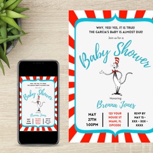 Baby Shower Editable Invitation // Cat in the Hat Baby Shower Invite Template